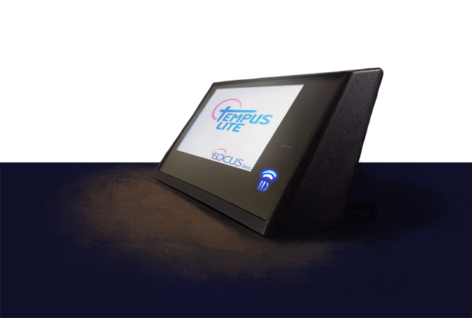 A Stylized Tempus Lite Data Terminal viewed from the side and turned on. The screen reads "TEMPUS LITE, Focus Inc"