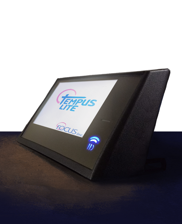 A Stylized Tempus Lite Data Terminal viewed from the side and turned on. The screen reads "TEMPUS LITE, Focus Inc"