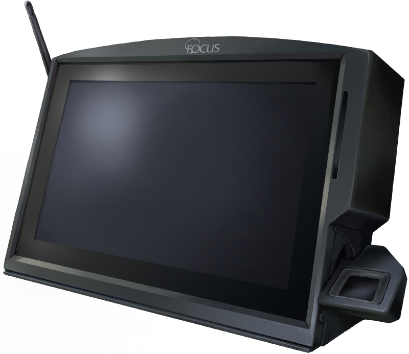 A Tempus data collection terminal, viewed from the front. The screen shows a view of Focus Inc's PowerTime Software