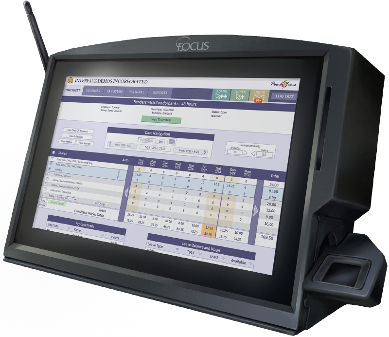A Tempus data collection terminal, viewed from the front. The screen shows a view of Focus Inc's PowerTime Software